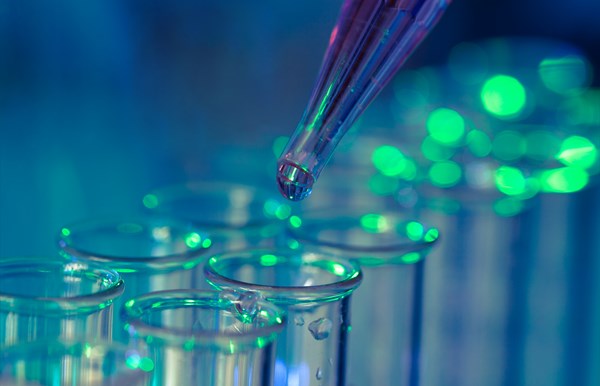 Pipette adding fluid to one of several test tubes